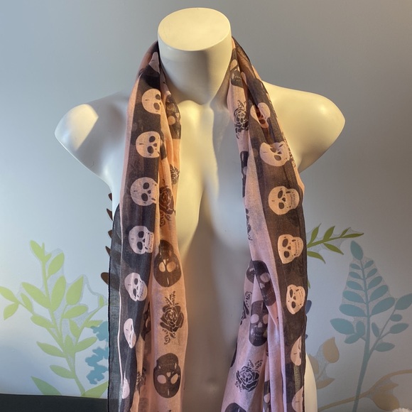 4/$20 Black and pink scarf with skulls and roses - Picture 2 of 5